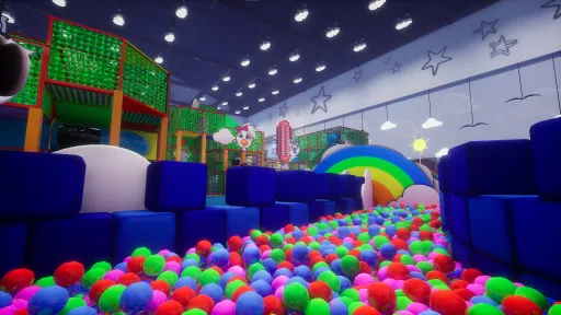 Five Nights at Freddy's: Security Breach screenshot of the Superstar Daycare, showing the massive indoor playground, ball pit, climbing structures, and bright child-themed decorations.