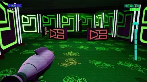 Five Nights at Freddy's: Security Breach gameplay inside Fazer Blast, showing the neon laser tag arena with the Fazerblaster visible and score/health UI on screen.