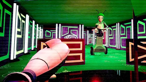 Five Nights at Freddy's: Security Breach screenshot inside Fazer Blast, showing Gregory aiming the Fazerblaster at a STAFF Bot enemy in a bright green-and-purple neon maze.