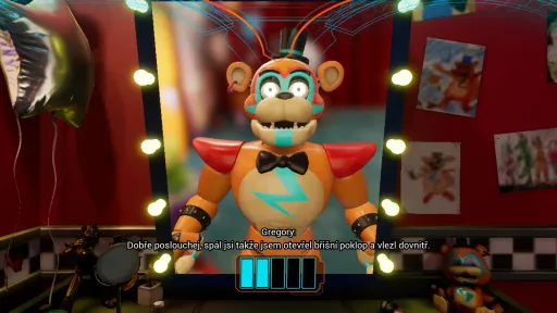 Five Nights at Freddy's: Security Breach intro scene showing Glamrock Freddy speaking to Gregory from his dressing room mirror.