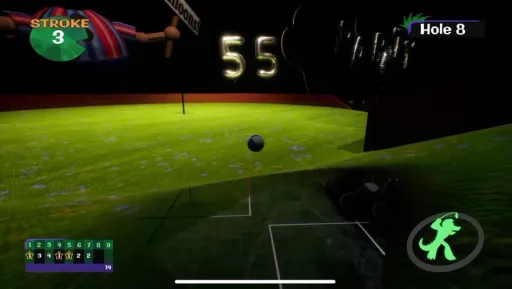 Five Nights at Freddy's: Security Breach screenshot of Monty Gator Golf Hole 8, showing the ball rolling across a mini-golf course with dark jungle-themed scenery and score UI.
