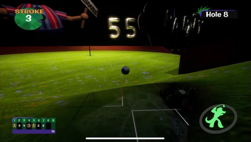 Five Nights at Freddy's: Security Breach screenshot of Monty Gator Golf Hole 8, showing the ball rolling across a mini-golf course with dark jungle-themed scenery and score UI.