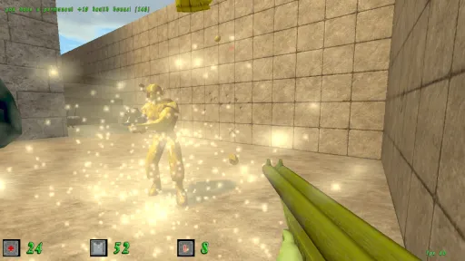 Green Nation first-person gameplay showing a plastic shotgun fight in a bright stone courtyard, with glowing yellow impact particles bursting around a yellow plastic army man enemy.