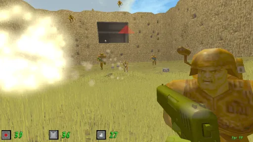 Green Nation first-person combat in a grassy canyon arena, showing multiple yellow plastic army men, bright explosions, and scattered pickups.