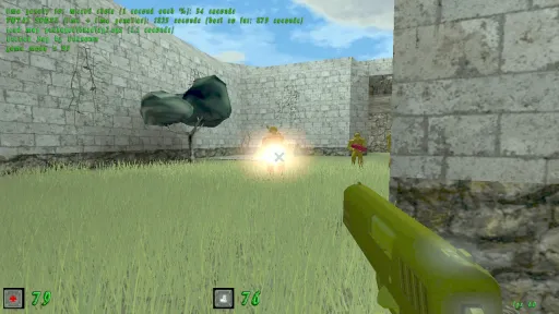 Green Nation gameplay showing the green plastic army man player firing at yellow plastic army men across a grassy stone-walled arena, with score text and mission-style UI visible.