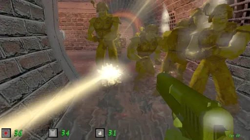 Green Nation first-person gameplay showing the green plastic army man player fighting a crowd of yellow plastic army men in a flooded brick tunnel.