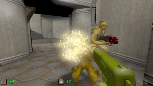 Green Nation close-range first-person combat showing the green plastic army man player firing a green plastic pistol at yellow plastic army men in a white concrete arena.