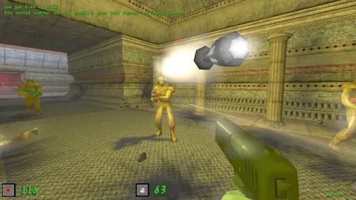 Green Nation first-person gameplay in a columned industrial chamber, showing multiple yellow plastic army men, glowing impacts, and heavy combat effects.