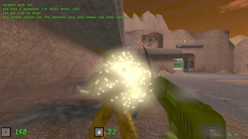 Green Nation outdoor combat showing the green plastic army man player firing at a yellow plastic army man enemy near a rocky desert-style base and elevated bridge.