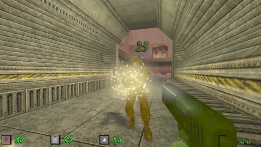 Green Nation first-person gameplay showing a yellow plastic army man enemy advancing through a narrow industrial corridor while glowing impact particles burst around them.