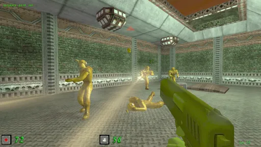 Green Nation combat inside a green-brick industrial room, showing multiple yellow plastic army men, a defeated plastic soldier on the floor, and bright weapon impacts near the center.