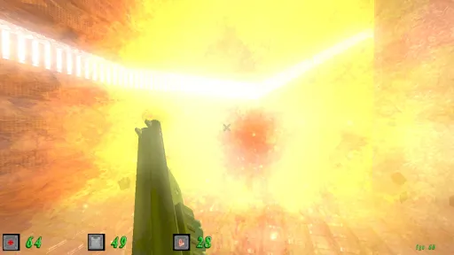 Green Nation first-person plastic shotgun view inside a blinding explosion, with intense fire-colored lighting, debris, and particle effects filling the screen.