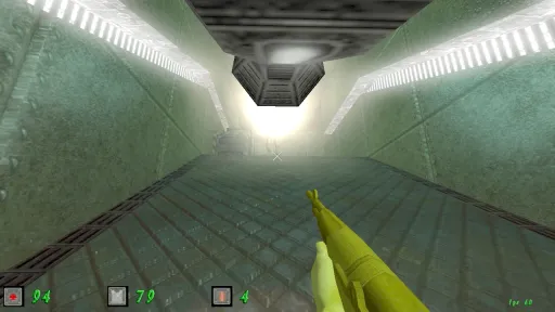 Green Nation first-person view down a clean sci-fi industrial corridor, showing a green plastic weapon aimed toward a bright impact or explosion at the far end.
