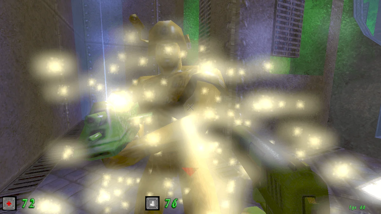 Green Nation close-range first-person combat showing a yellow plastic army man enemy engulfed in bright particle effects while the green plastic army man player fires a green plastic pistol.