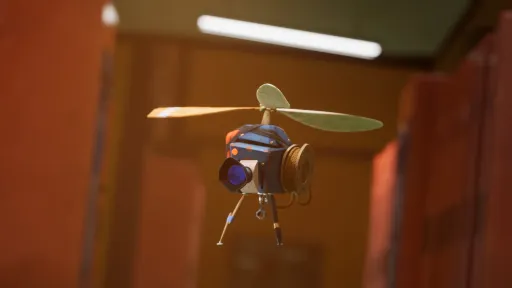 Hello Neighbor 2 screenshot showing the Hello-copter drone hovering indoors, featuring its camera lens, rotor blades, spool-like side component, and small landing legs.