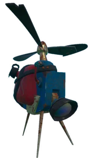 Hello Neighbor 2 render of the Hello-copter drone, showing the toy-like flying camera design with blue-and-red body panels, rotor blades, lens, landing legs, and worn paint details.