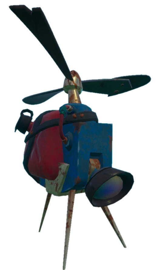 Hello Neighbor 2 render of the Hello-copter drone, showing the toy-like flying camera design with blue-and-red body panels, rotor blades, lens, landing legs, and worn paint details.