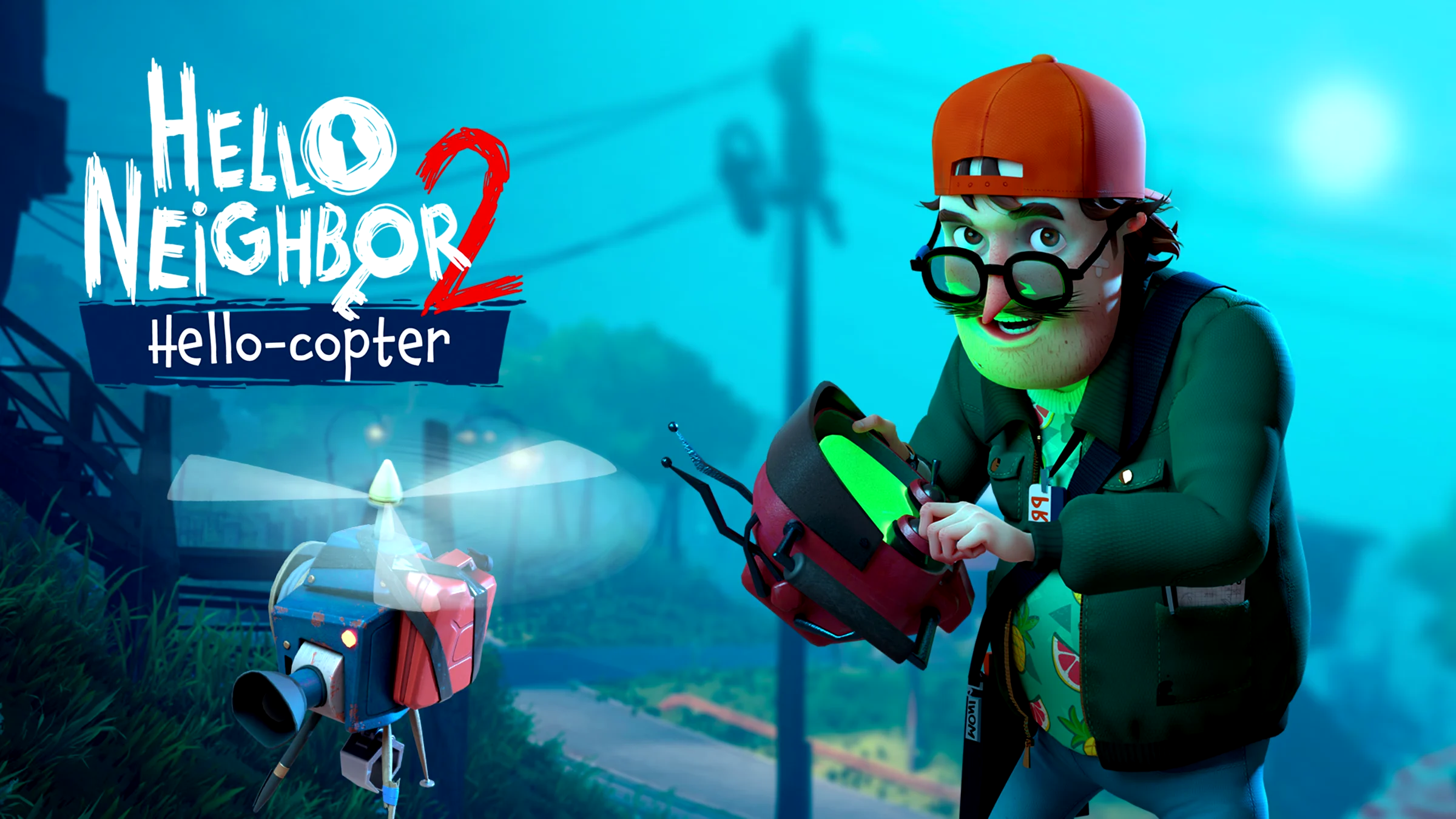 Hello Neighbor 2: Hello-copter key art showing the drone flying over Raven Brooks.