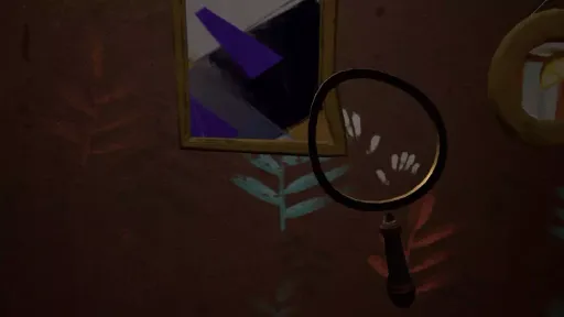 Hello Neighbor VR: Search and Rescue screenshot showing the magnifying glass inspecting hidden handprint clues near a wall picture.