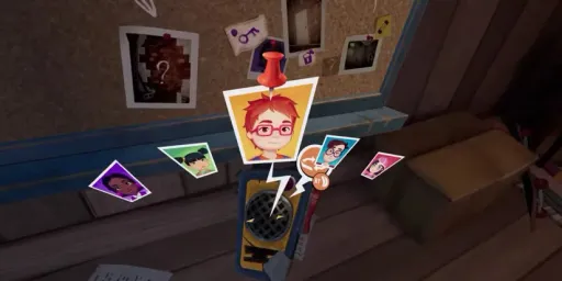 Hello Neighbor VR: Search and Rescue screenshot showing the walkie-talkie character-selection interface with pinned portraits of the rescue team.