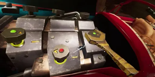 Hello Neighbor VR: Search and Rescue close-up showing a wrench being used on a mechanical puzzle with metal plates, bolts, colored buttons, and directional markers.