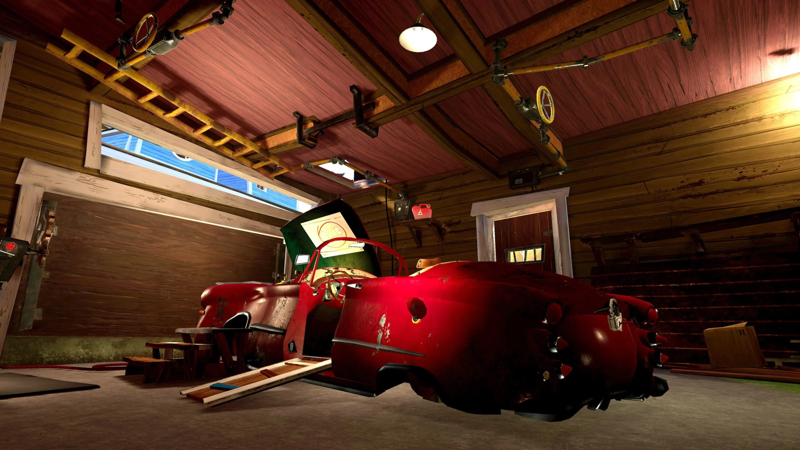 Hello Neighbor VR: Search and Rescue screenshot of a garage puzzle area with a red car, overhead pipes, valves, ramps, and workshop machinery.