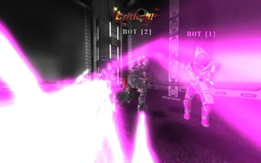 Iron Fist gameplay on Home Base, showing the IBolt (Laser Shotgun) firing bright pink electrical beams during a close-quarters bot fight.