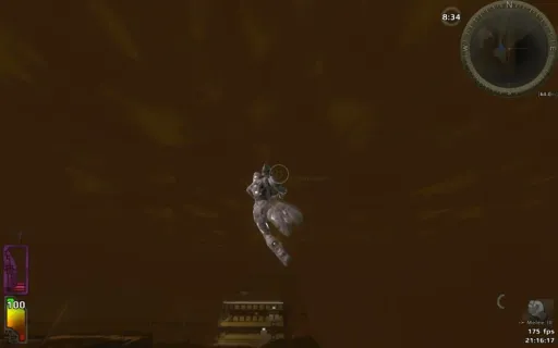 Iron Fist gameplay on Deserted, showing a character wall running along the world boundary high above the desert arena.