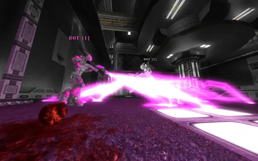 Iron Fist gameplay on Home Base, showing bots using the IBolt (Laser Shotgun) in a dark sci-fi interior arena with intense pink energy beams.