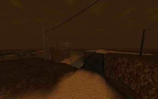 Iron Fist map Deserted, overlooking rocky hilltops, fences, cables, and a distant base under a dusty brown sky.