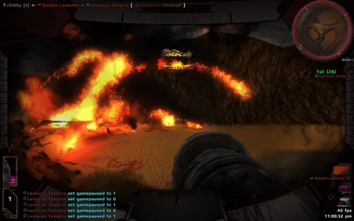 Iron Fist gameplay on Deserted, showing a major explosion and fire effects in a first-person rocket launcher combat scene.
