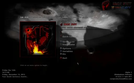 Iron Fist main menu shown on Friday the 13th, featuring the Shakedown Edition interface, Iron Fist logo art, menu options, and the Your Death Sentence Awaits... tagline.