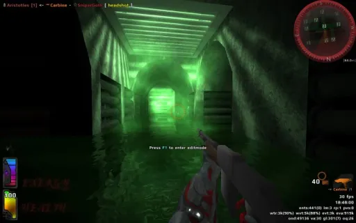Iron Fist first-person view inside an unincluded sewer map by SniperGoth, showing green-lit water tunnels and a Carbine weapon view.