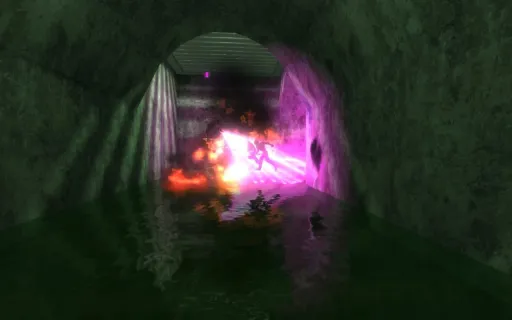 Iron Fist gameplay inside an unincluded sewer map by SniperGoth, showing combat in a flooded tunnel with pink IBolt (Lightning Shotgun) energy and fire effects.