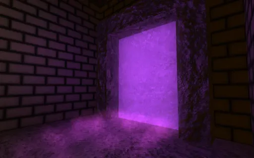 Iron Fist environment screenshot from an unincluded unknown SniperGoth map, showing a purple glowing portal set into brick walls and rough stone framing.