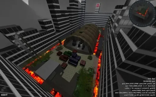 Iron Fist environment screenshot from an unincluded unknown SniperGoth map, showing an overhead city block arena surrounded by tall buildings, lava borders, crates, trees, and a central warehouse structure.