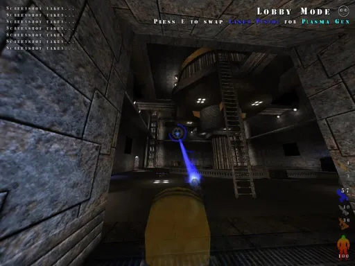 Iron Fist earlier-version gameplay showing the Laser Pistol firing a blue beam inside a dark industrial arena during lobby mode.