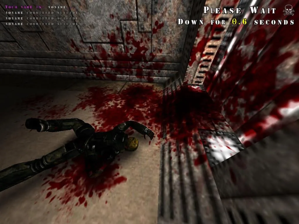 Iron Fist earlier-version gameplay showing gibs, blood, and ragdoll effects, with a fallen character beside heavy blood splatter on an industrial wall and floor.
