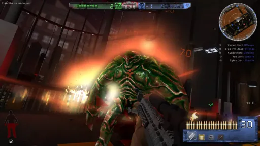 Revelade Revolution boss combat screenshot against a large infected enemy, with class teams, survivor score, weapon ammo, and role list visible in the HUD.