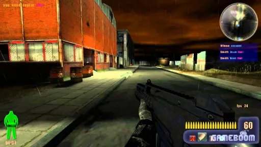 Revelade Revolution gameplay capture from an older video, showing first-person city combat, weapon HUD, minimap, ammo count, and multiplayer or bot roles listed on the right.
