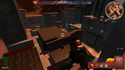 Revelade Revolution rooftop city gameplay screenshot showing survivor team score UI, compass and minimap, player silhouette health and armor, and a first-person weapon view.