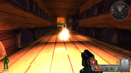 Revelade Revolution survival combat screenshot in a wooden interior map, showing the player firing a flame or energy weapon down a hallway with the survival HUD visible.