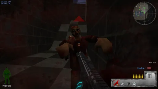 Revelade Revolution close-range zombie attack screenshot with blood overlay, darkened vignette, and zombie-themed HUD effects.