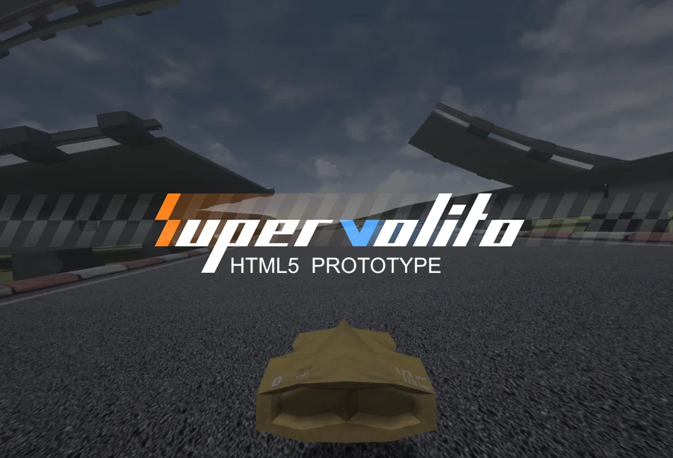Supervolito HTML5 Prototype title screen with the hover ship on track.