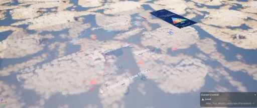 Supervolito above-cloud view of the debug world map, showing colored climate regions, wind-pattern labels, ocean coverage, and atmospheric overlays.