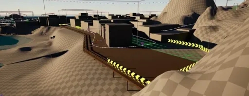 Supervolito blockout screenshot of Old Harbor, overlooking the industrial port area with roads, guardrails, chevron signs, buildings, and surrounding mountain terrain.