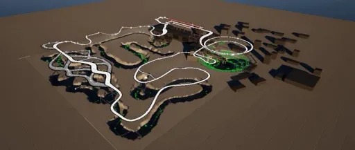Supervolito overhead blockout screenshot of Bone Dry, showing the full track layout with white route splines, desert terrain, city blockouts, and course markings.