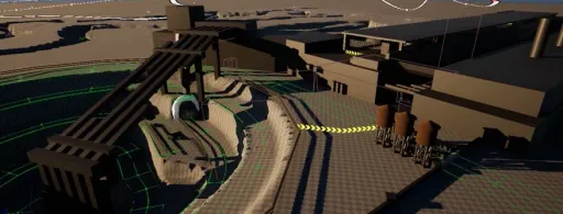 Supervolito Bone Dry screenshot showing the mining pit and factory entrance, with a bridge structure, tunnel opening, chevron markers, tanks, and green spline guides.
