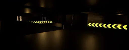Supervolito Bone Dry interior factory screenshot, showing a dark industrial route lit by bright yellow chevron direction signs.