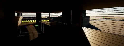 Supervolito screenshot overlooking Bone Dry from the top factory floor, showing a ramped interior route, checkpoint boxes, chevron markers, and debug labels.